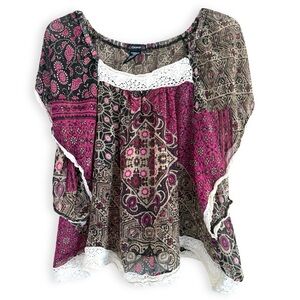 90s & Y2K Patchwork Lace Bohemian Floral Paisley Batwing Blouse